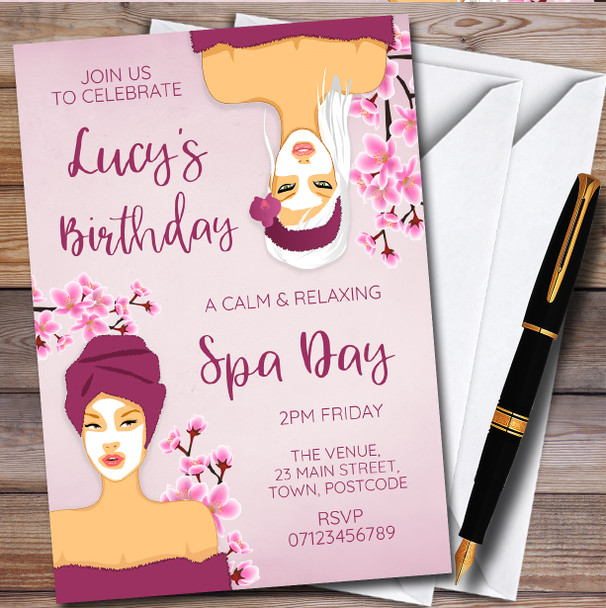 Pink Spa Day Calm Relax Personalised Birthday Party Invitations