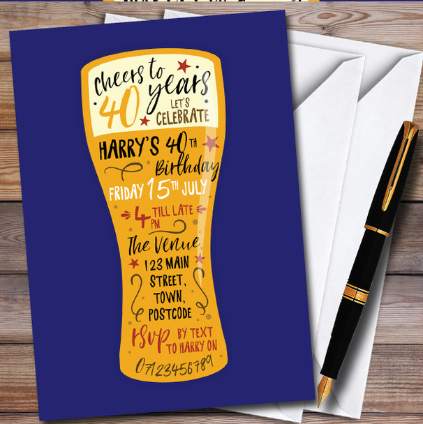 Pint Of Beer Lager Blue Personalised Birthday Party Invitations