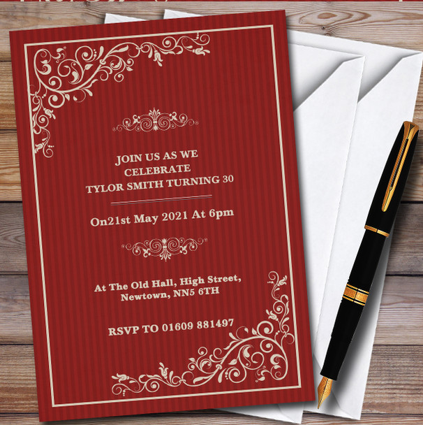 Chic Vintage Red Border Personalised Birthday Party Invitations