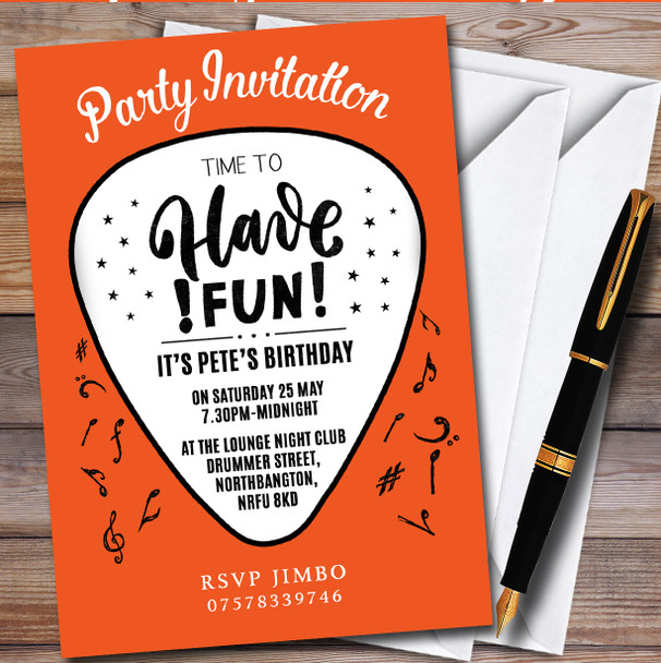 Guitar Plectrum Orange Personalised Birthday Party Invitations