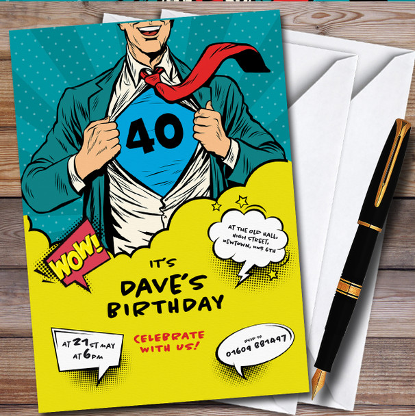 Superhero Adult Comic Personalised Birthday Party Invitations