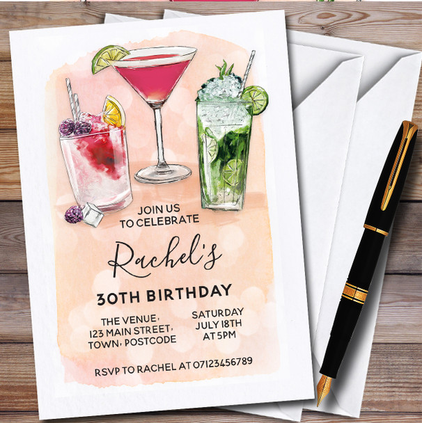 Cocktails Peach Personalised Birthday Party Invitations