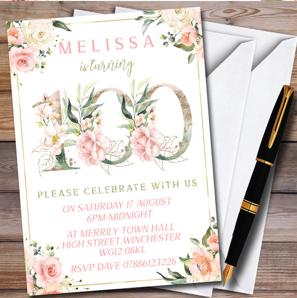 Pretty Rose Floral Chic 100Th Personalised Birthday Party Invitations