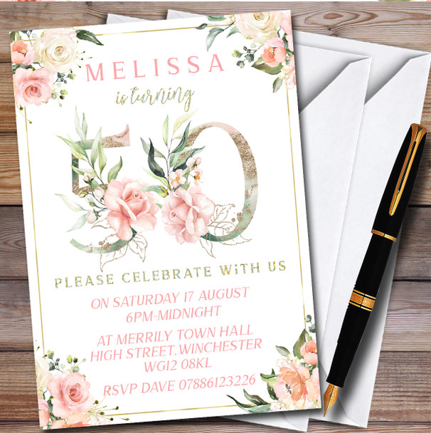 Pretty Rose Floral Chic 50Th Personalised Birthday Party Invitations