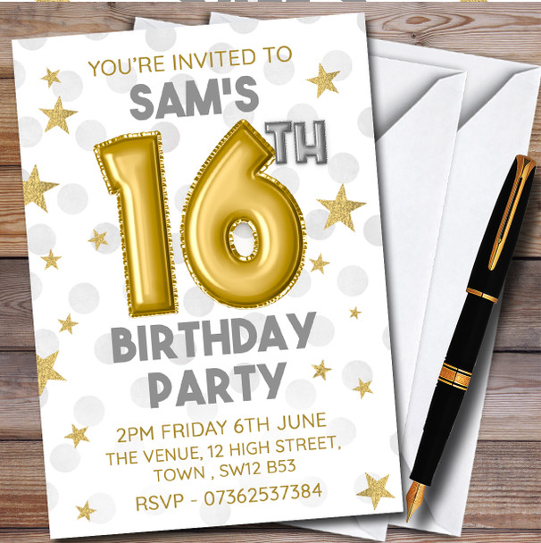 Gold Balloons & Stars 16Th Personalised Birthday Party Invitations