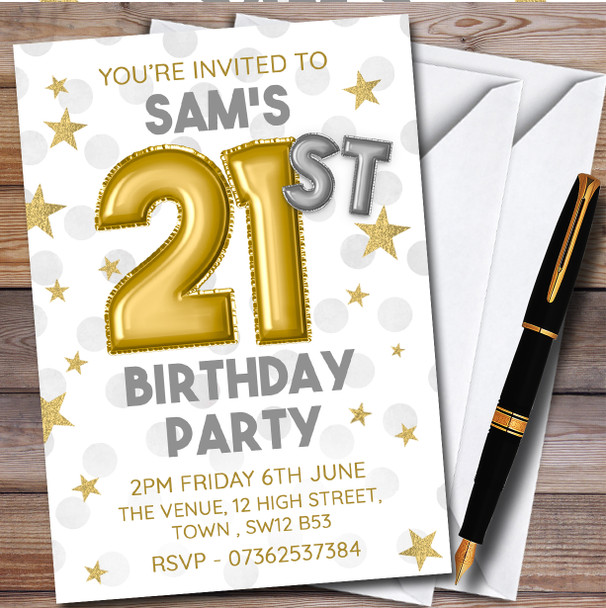 Gold Balloons & Stars 21St Personalised Birthday Party Invitations
