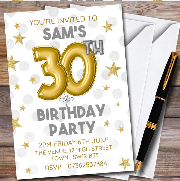 Gold Balloons & Stars 30Th Personalised Birthday Party Invitations