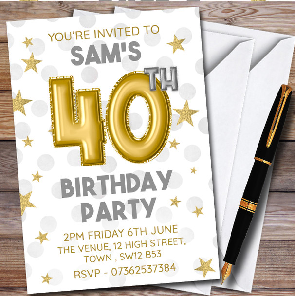 Gold Balloons & Stars 40Th Personalised Birthday Party Invitations
