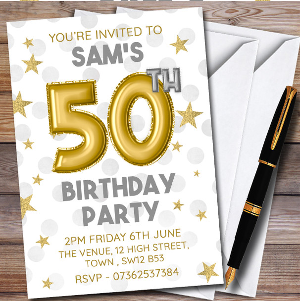 Gold Balloons & Stars 50Th Personalised Birthday Party Invitations