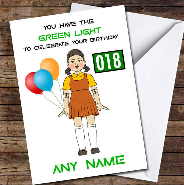 Squid Game Funny Doll Green Light Any Age Personalised Birthday Card
