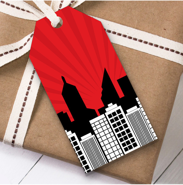 Comic City Skyline Red Sunburst Children's Birthday Present Favor Gift Tags