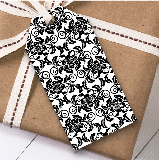 Black And White Floral Damask Swirls Birthday Present Favor Gift Tags