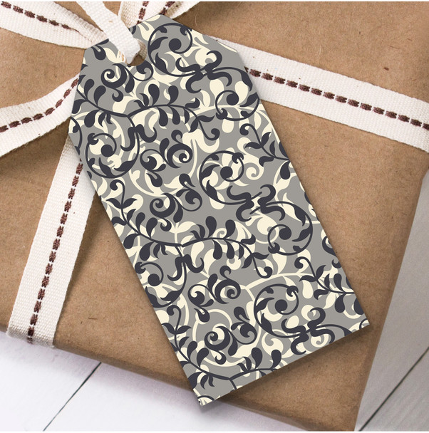 Dark Grey And Cream Botanical Swirl Birthday Present Favor Gift Tags