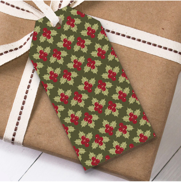 Dark Green Holly And Ivy Pattern Christmas Present Favor Gift Tags