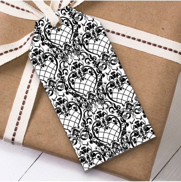 Black And White Net Floral Swirl Birthday Present Favor Gift Tags