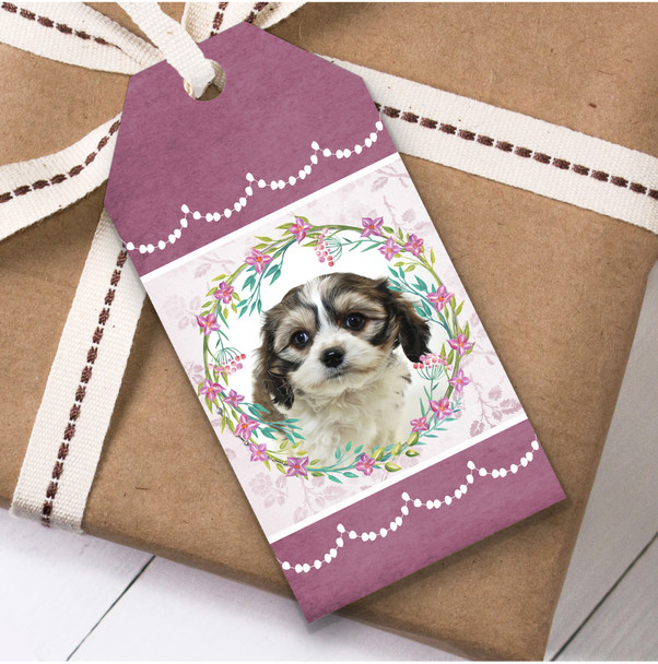 Cavachon Dog Pink Floral Birthday Present Favor Gift Tags