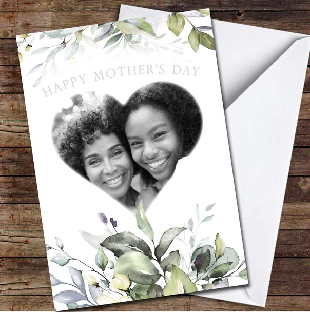 Mum Your Photo Heart Watercolour Leaves Personalised Mother's Day Card