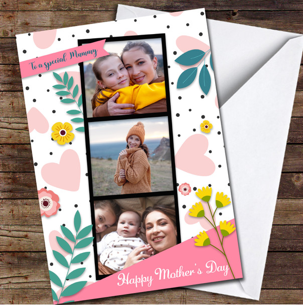 Your Photo Pink Flowers And Dots Personalised Mother's Day Card