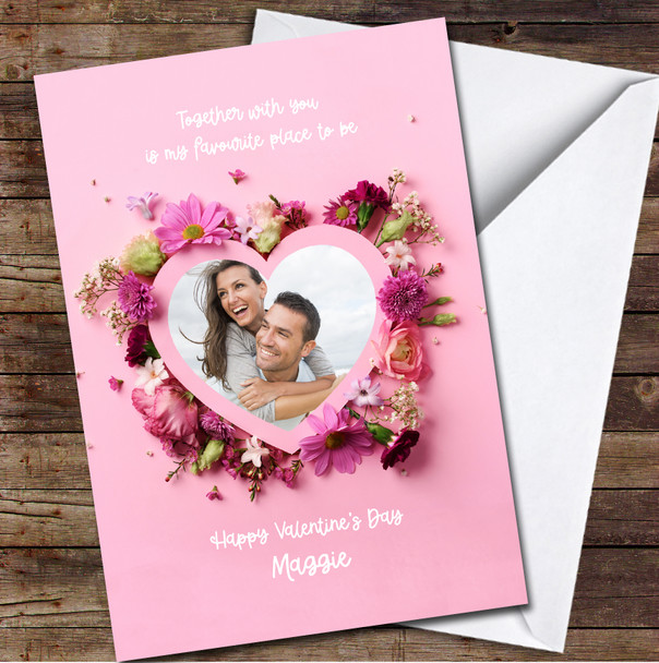 Your Photo Heart And Pink Flowers Personalised Valentine's Day Card