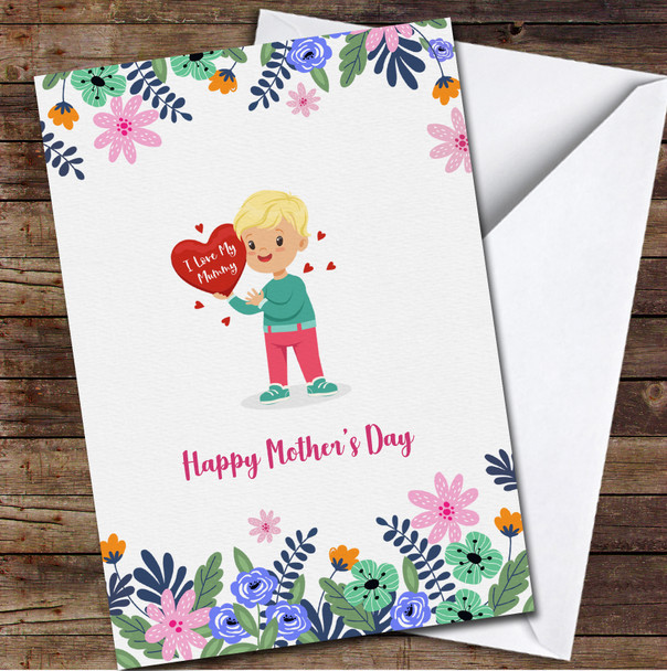 Blonde Hair Boy With Red Hearts In Hands Personalised Mother's Day Card