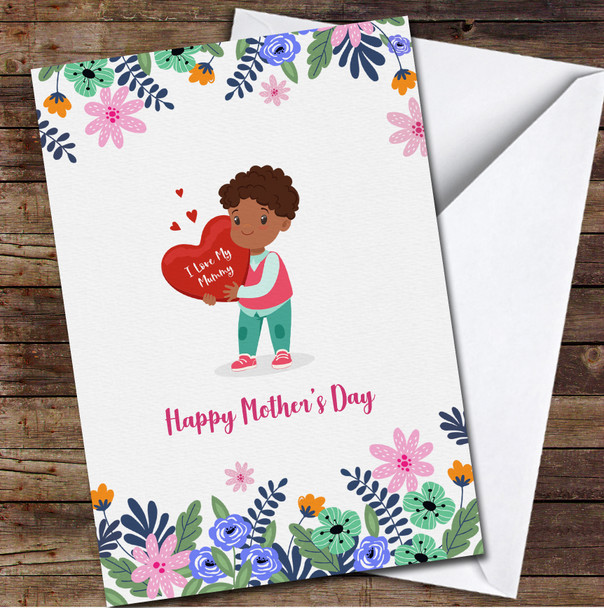 Dark Skin Boy With Red Hearts In Hands Personalised Mother's Day Card