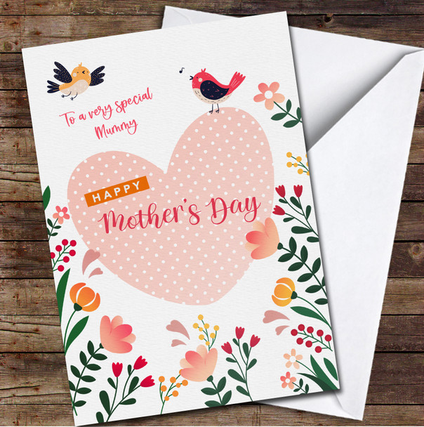Flowers And Pink Heart With White Dots Personalised Mother's Day Card