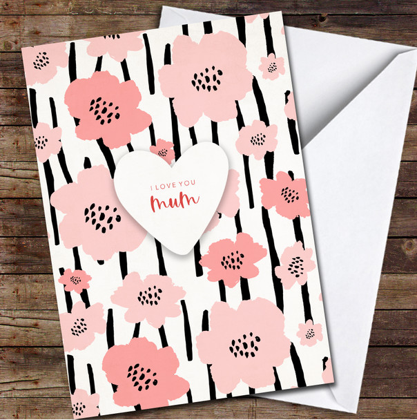 Pink Flowers Black Stripes Personalised Mother's Day Card
