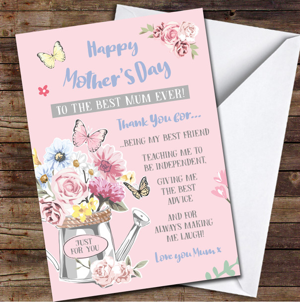 Pink Flowers Butterfly Thank You For Personalised Mother's Day Card