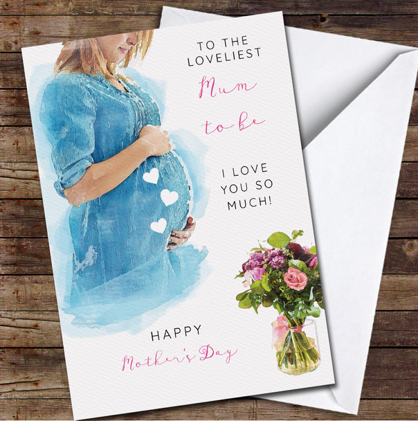 Mum To Be Pregnant Painted Blue Personalised Mother's Day Card
