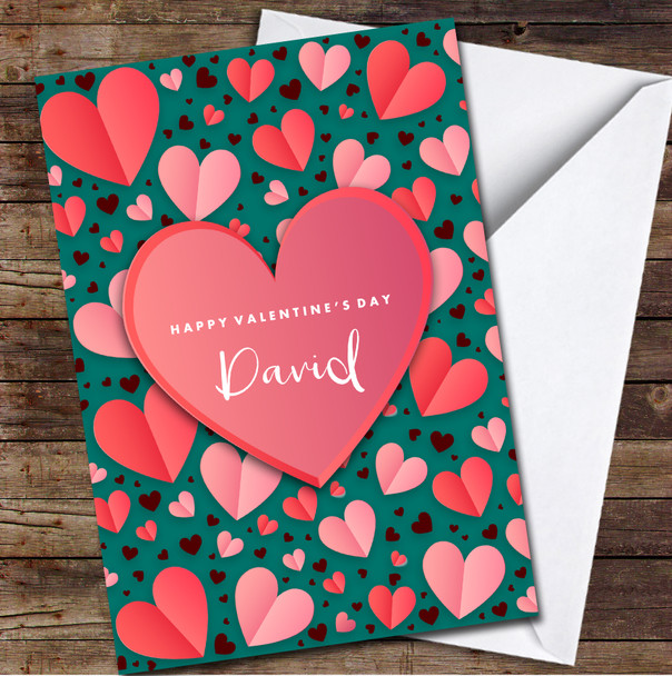 Red And Pink Hearts On Dark Green Background Gold Letters Valentine's Day Card
