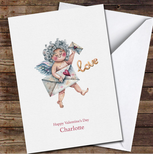 Simple Cute Watercolour Cupid Character In Vintage Style Valentine's Day Card