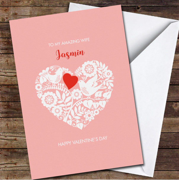 Two Love Birds Floral Lace Ornament Red Heart Pink Valentine's Day Card