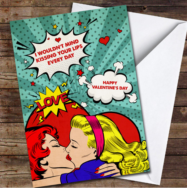 Two Young Women Kissing Each Other Pop Art Style Valentine's Day Card