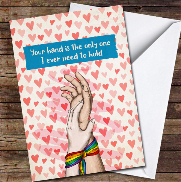 Lgbt Couple Holding Hands On Hearts Background Personalised Valentine's Day Card
