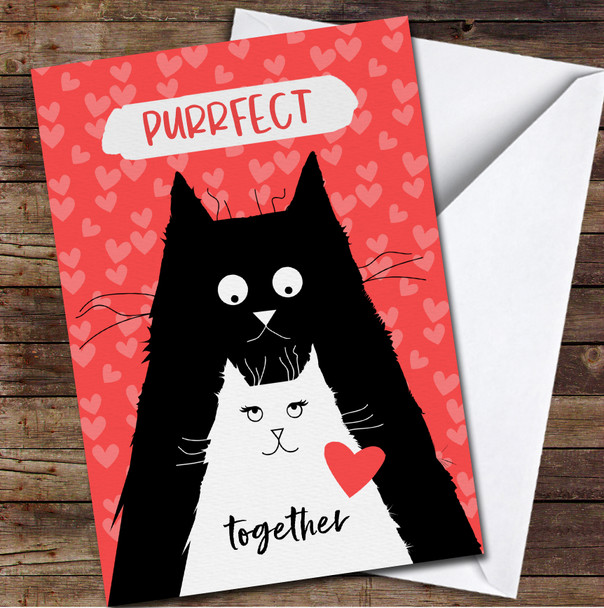 Black And White Cat On Red Hearts Background Personalised Valentine's Day Card