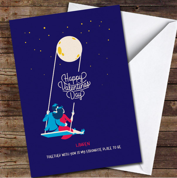 Love Couple Sitting On Bench Looking At Moon Personalised Valentine's Day Card