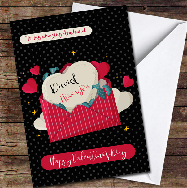 Red Envelope With Hearts Black Background Personalised Valentine's Day Card