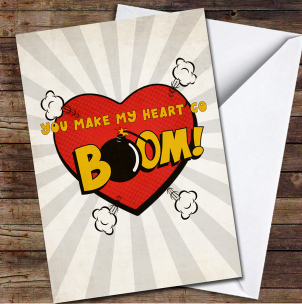Comic Style Bomb Heart And Match In Fire Personalised Valentine's Day Card