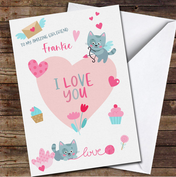 Cute Kitten With Hearts, Flowers Cakes Personalised Valentine's Day Card