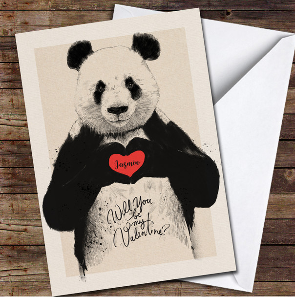 Panda Bear Holding A Heart Vintage Personalised Valentine's Day Card