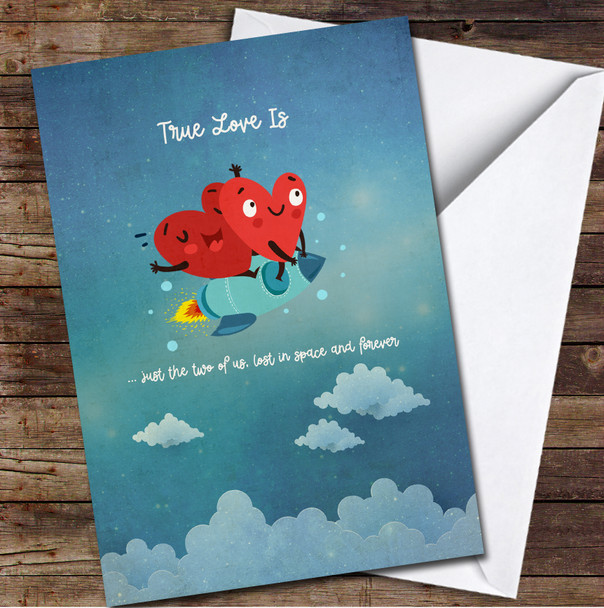 Two Happy Hearts Sitting On Rocket Personalised Valentine's Day Card