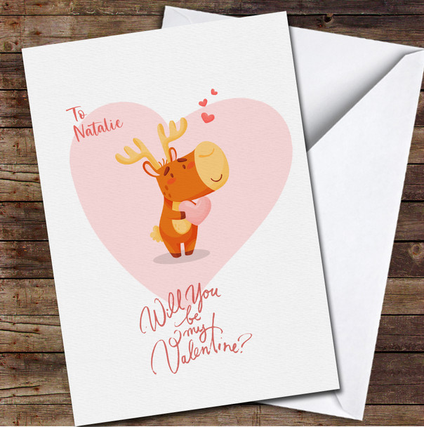 Cute Happy Reindeer Holding Heart Personalised Valentine's Day Card