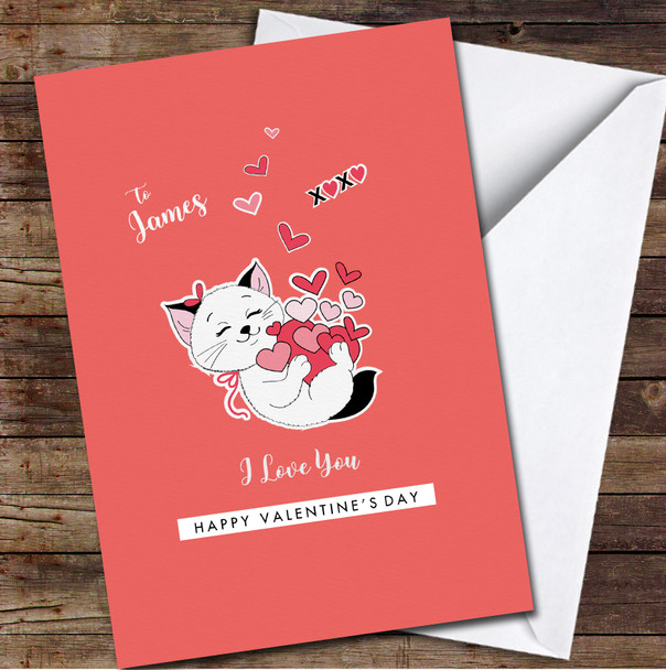 Kitten On Red Background Personalised Valentine's Day Card