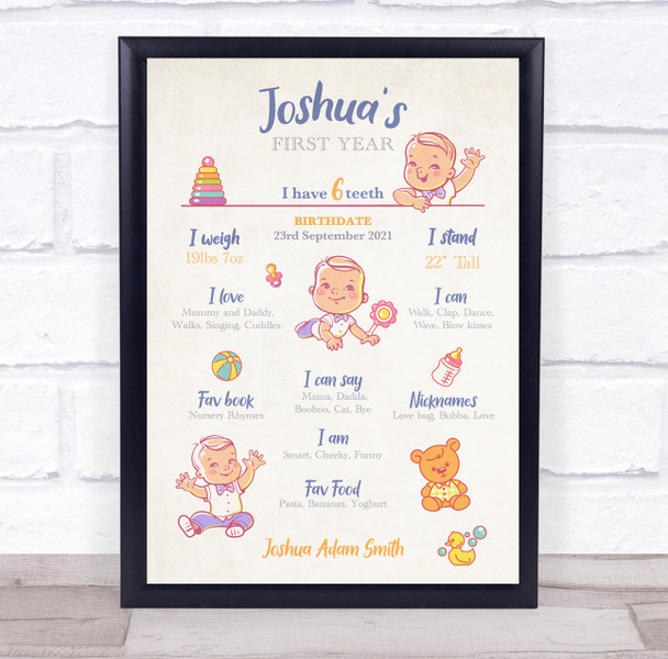 1st Birthday First Year Baby Milestones Achievements Interests Vintage Boy Print