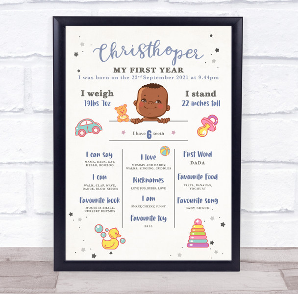 1st Birthday First Year Dark Skin Boy Milestones Achievements Interests Print