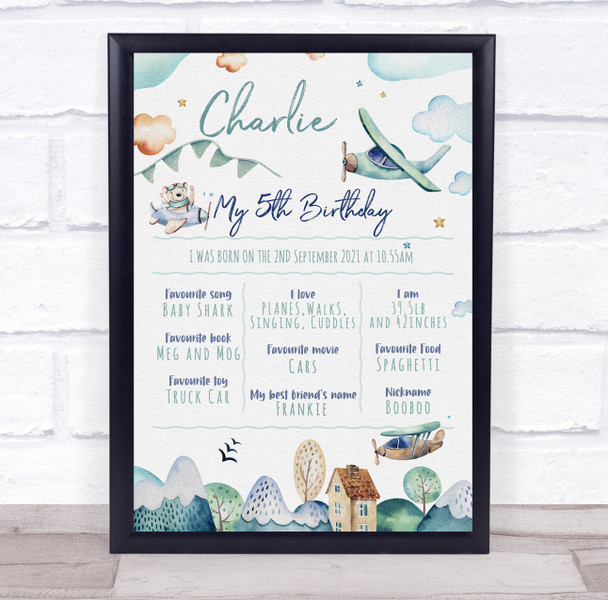 Birthday Favourite Things Milestones Achievements Interests Plane Gift Print