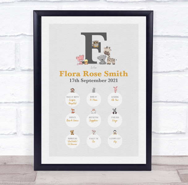 New Baby Birth Details Christening Nursery Animals Initial F Keepsake Gift Print