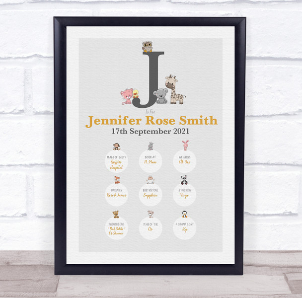 New Baby Birth Details Christening Nursery Animals Initial J Keepsake Gift Print