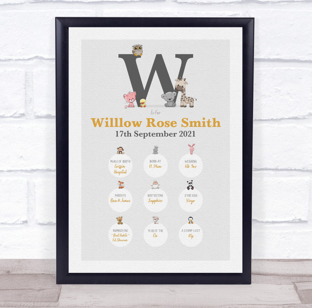 New Baby Birth Details Christening Nursery Animals Initial W Keepsake Gift Print