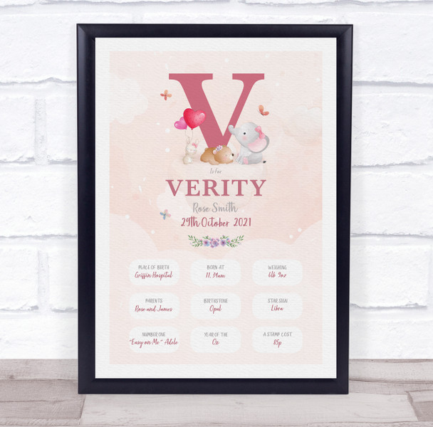 New Baby Birth Details Christening Nursery Pink Initial V Keepsake Gift Print